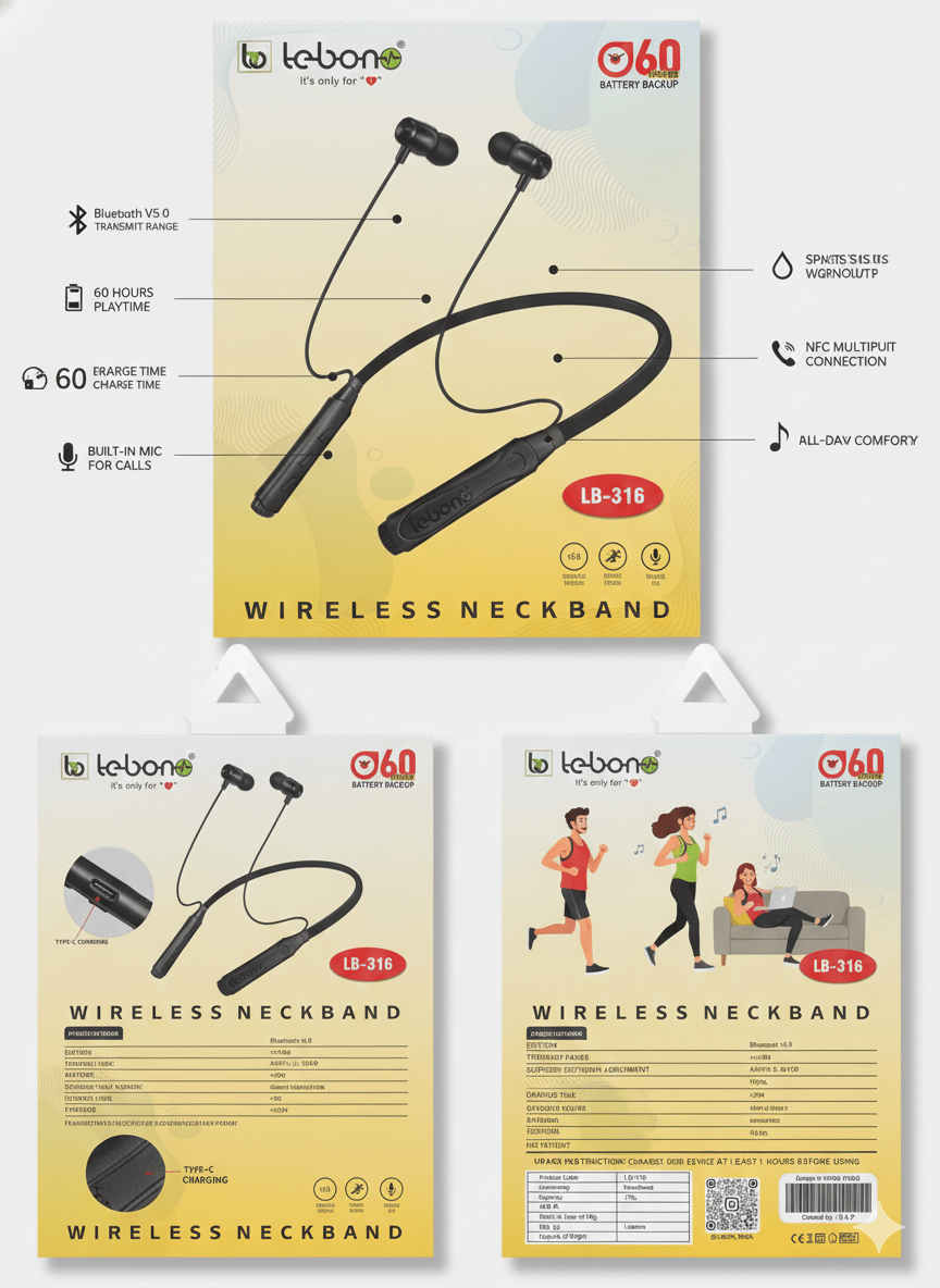 Wireless Neckband Headset with 60H Playtime  Bluetooth 5.3 Earphones with Deep Bass & Mic