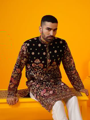 Men's Georgette Flora and Fauna Embroidered Coral Kurta with Cream Trouser-36