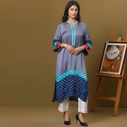 Color block bandhani print kurta set-XS