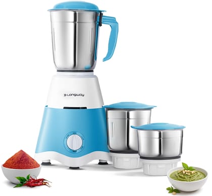 Longway Supreme Dlx Juicer Mixer Grinder | 500 Watt Powerful Motor | 3 Jars for Grinding, Mixing, Juicing | 2 Year Warranty | White & Blue Longway Supreme Dlx Juicer Mixer Grinder | 500 Watt Powerful Motor | 3 Jars for Grinding, Mixing, Juicing | 2 Year 
