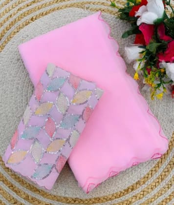 Shefon Silk Baby Pink Saree with Elegant Multicolor Hand-Work Embroidery Blouse