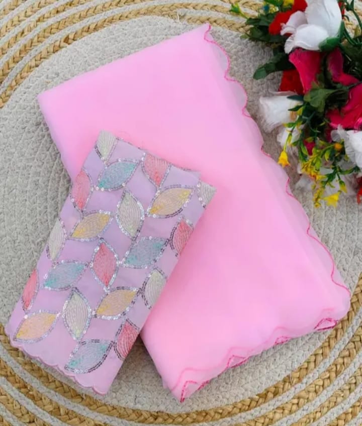 Shefon Silk Baby Pink Saree with Elegant Multicolor Hand-Work Embroidery Blouse