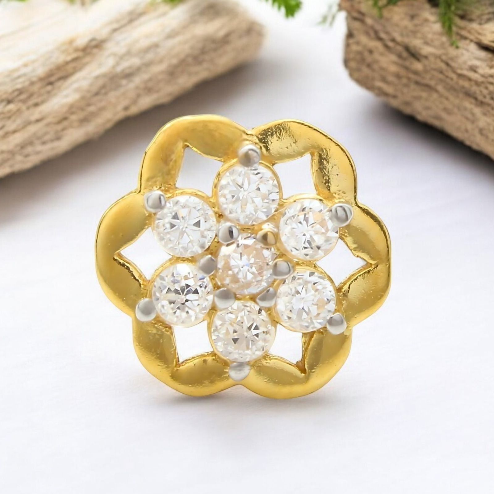 18K Real Gold Indian Women White CZ Flower Dainty Nose stud nose ring Push Pin