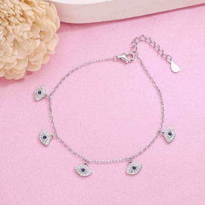 Sterling Silver Trendy Evil Eye Charm Bracelet-White Stone / Silver
