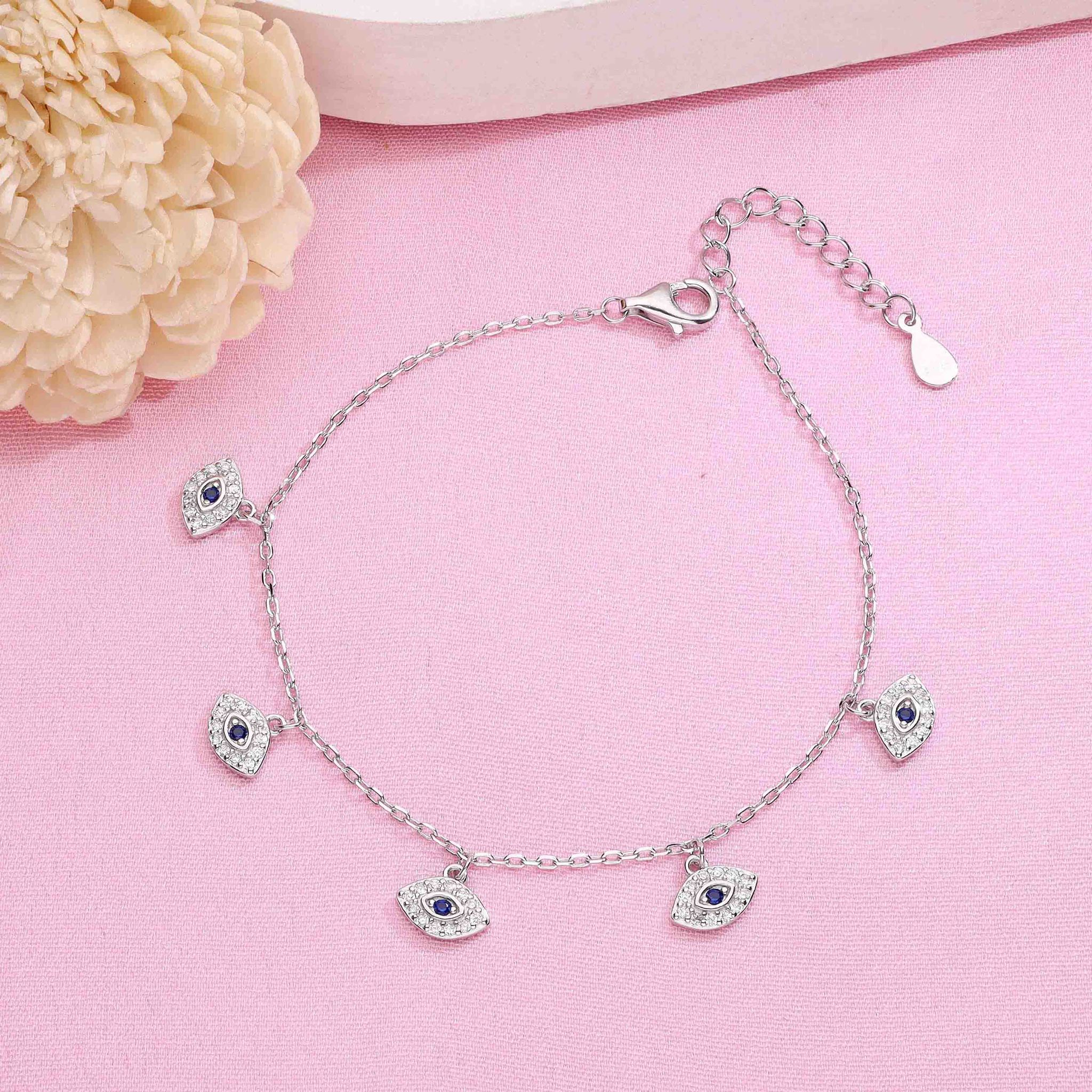 Sterling Silver Trendy Evil Eye Charm Bracelet-White Stone / Silver