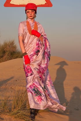 Pink Printed Tussar Silk Saree