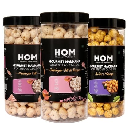 GOURMET MAKHANA Roasted in Olive Oil | Flavors Himalayan Salt & Pepper, Himalayan Salt and Achari Mango | Combo Of 3, 65g Each. - 195 gm