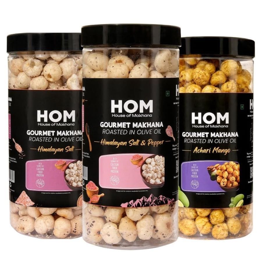 GOURMET MAKHANA Roasted in Olive Oil | Flavors Himalayan Salt & Pepper, Himalayan Salt and Achari Mango | Combo Of 3, 65g Each. - 195 gm
