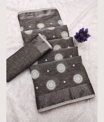 HEMA SILK MILLS Linen Printed Regular Saree With Unstitched Blouse Piece ( Grey )