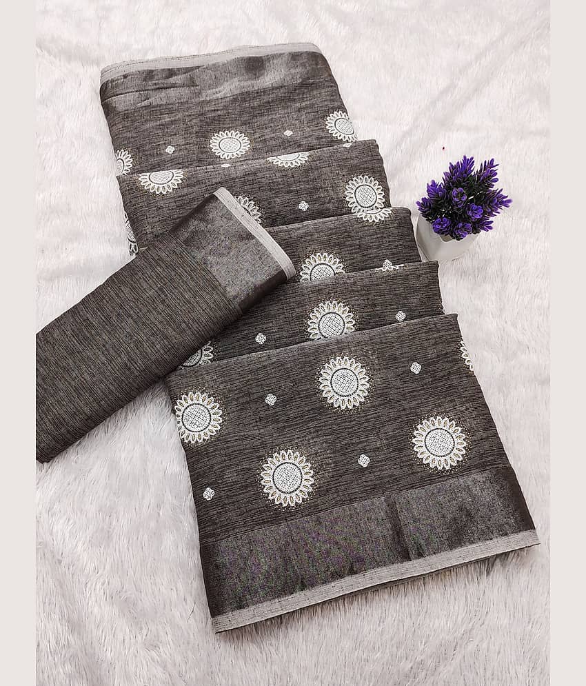 HEMA SILK MILLS Linen Printed Regular Saree With Unstitched Blouse Piece ( Grey )