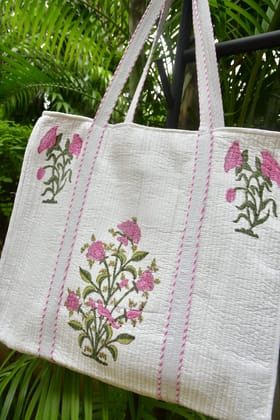 Pink Buta Zipper Tote Bag: Hand-Blocked Beauty