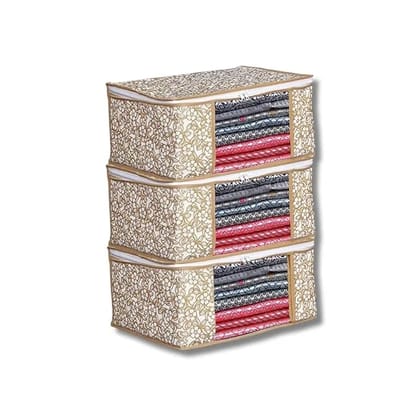 Bindian Multipurpose Saree Cover for Wardrobe Storage | Premium Non-Woven Fabric Cloth Organizer Box with Transparent Window & Zipper | Ideal for Storing Sarees & More (Beige, Pack of 3)