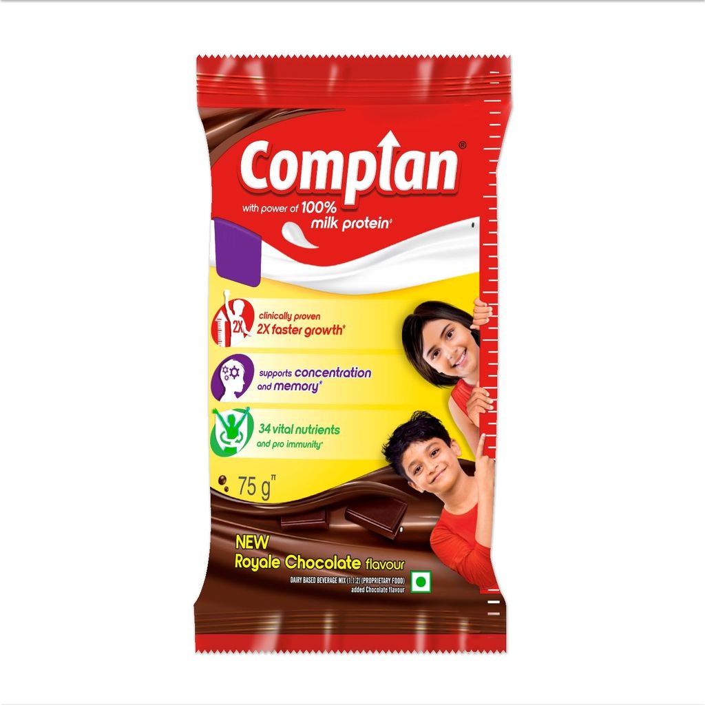 Complan Nutrition Drink Powder for Children, Royal Chocolate Flavour, 75 gm sachet | Nutrition drink for kids with protein & 34 vital nutrients