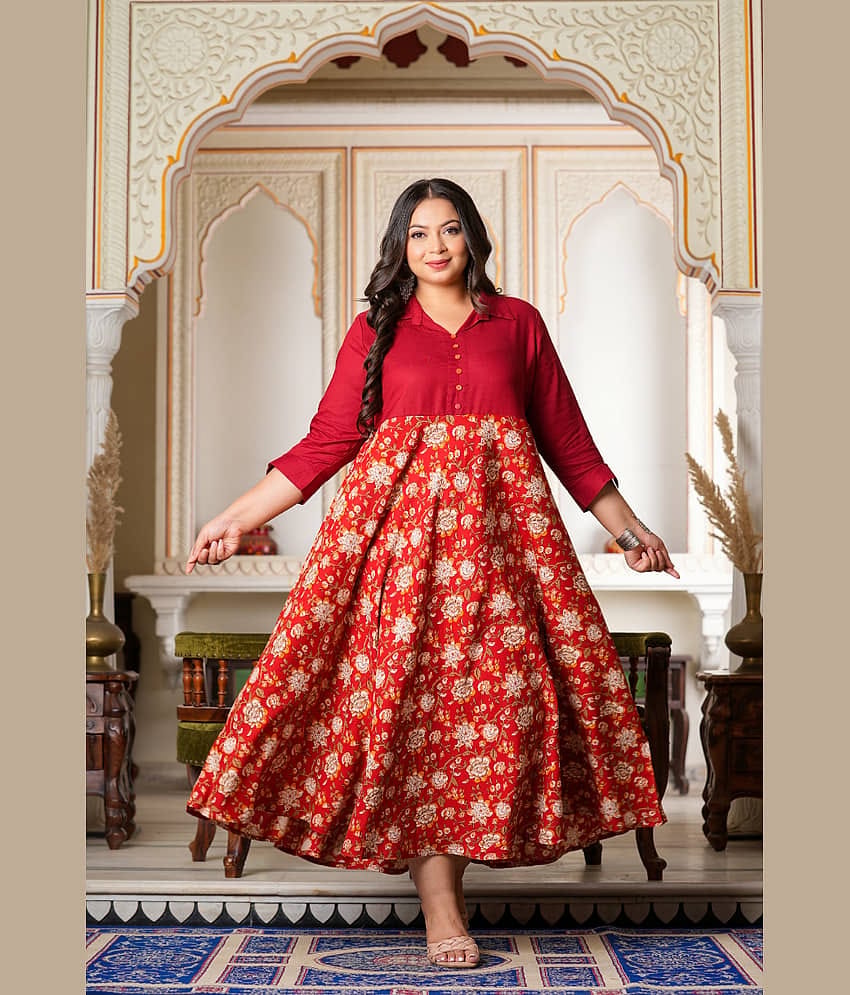 Yash Gallery Women Viscose Rayon Printed Fit & Flare Dress ( Maroon )