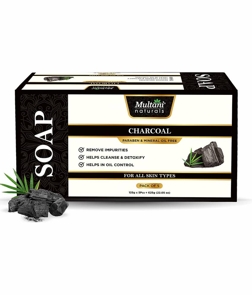 Multani Naturals Charcoal Soap For Men & Women Detoxes, Cleanses Skin, Minimizes Pores, Blackheads & Blemishes 125gm (Pack of 5)