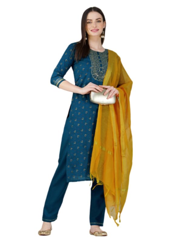 Women's Casual 3-4 th Sleeve Embroidery Cotton Kurti Pant Dupatta Set (Blue, L)-PID50247