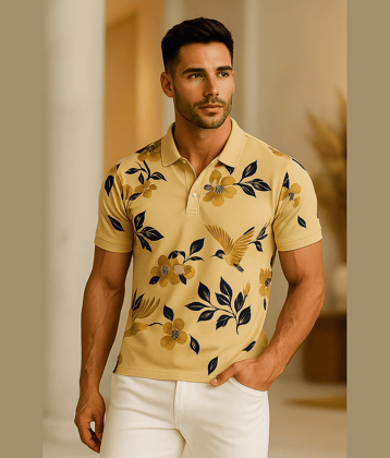 EMERALD APPAREL TRADING Men Cotton Blend Regular Fit Printed Polo T Shirt ( Beige )