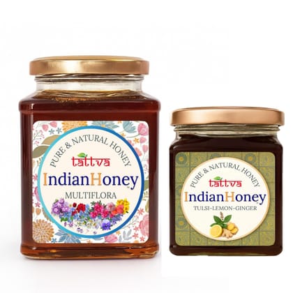 IndianHoney Himalayan Multiflora & Warming & Anti-Inflammatory Ginger Infused Honey Combo Pack (500gm & 230gm) Himalayan Multiflora & Tulsi Lemon Ginger