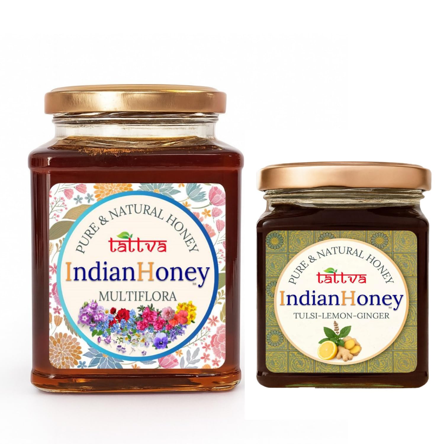 IndianHoney Himalayan Multiflora & Warming & Anti-Inflammatory Ginger Infused Honey Combo Pack (500gm & 230gm) Himalayan Multiflora & Tulsi Lemon Ginger