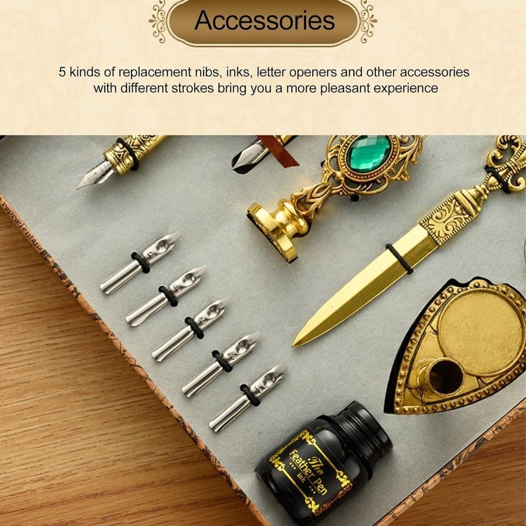 Quill Pen Ink Wax Seal Stamp Gift Set, Feather Pen Ink Set Includes Feather Dip Pen,Ink,5 Replacement Nibs,3 Wax Seal Sticks,Pen Nib Base,Seal Stamp, White Wax,Spoon, Valentine Gift