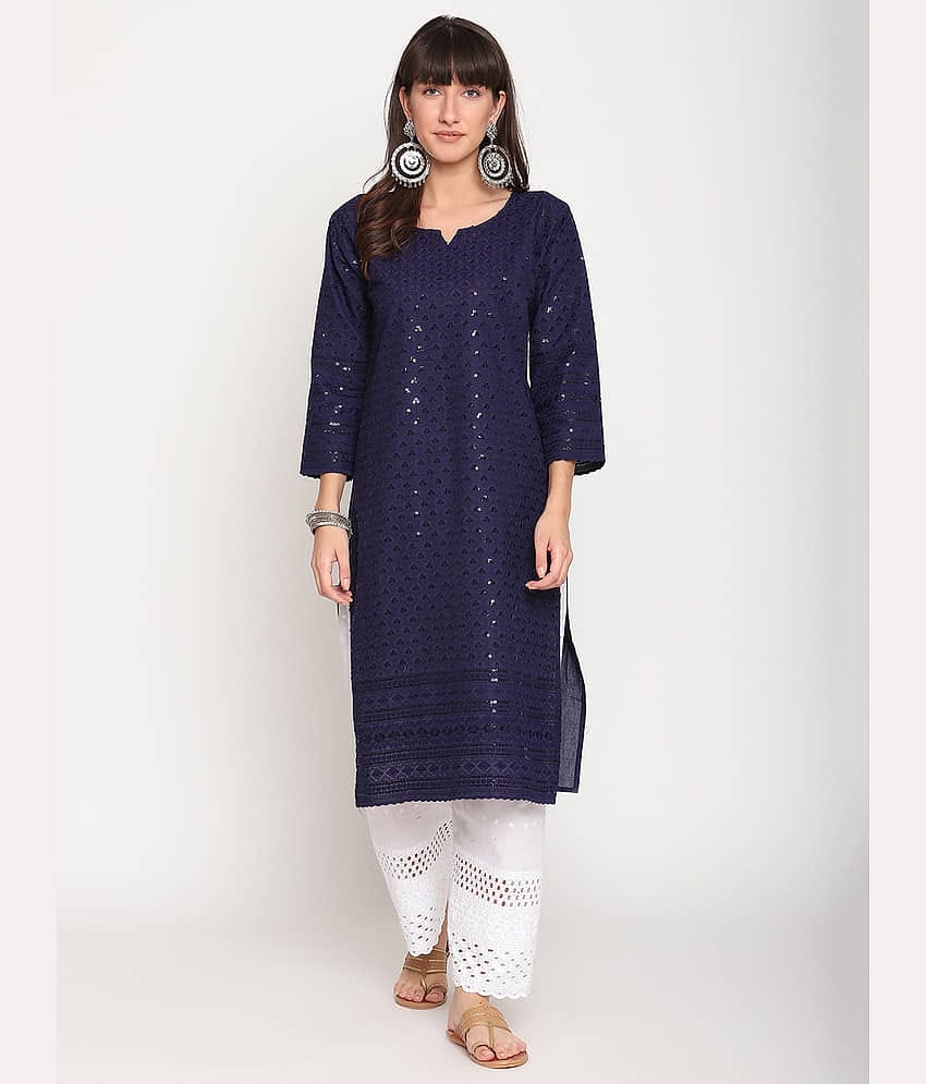 Queenley - Navy Cotton Women's Straight Kurti ( Pack of 1 )