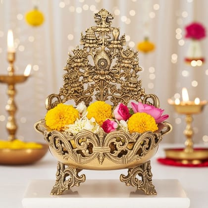 Brass Flower Urli with Peacock - Decorative Brass Bowl, Diameter : 8 Inch (BSMAS1143 A)