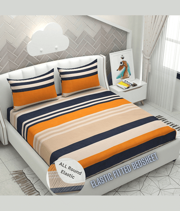 Apala Microfibre Abstract Printed Fitted Double Bedsheet With 2 Pillow Covers- Blue