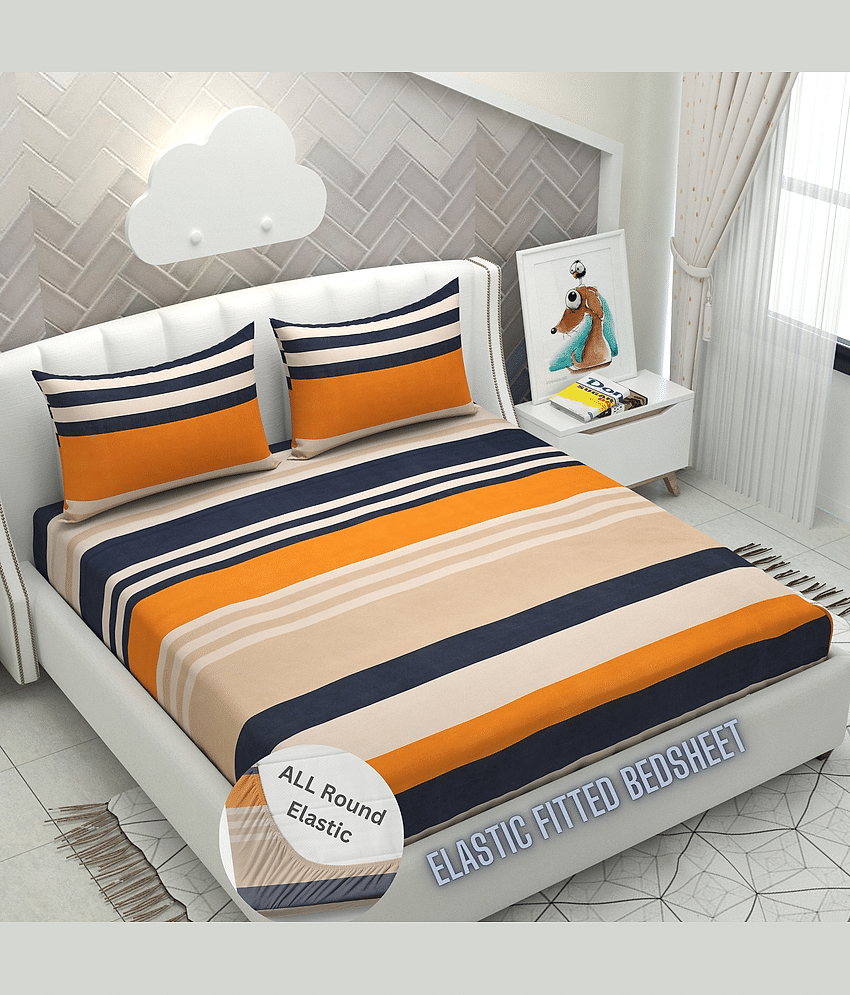 Apala Microfibre Abstract Printed Fitted Double Bedsheet With 2 Pillow Covers- Blue