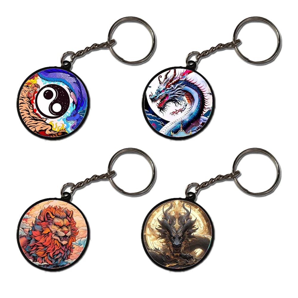 Dragons - A Combo Of 4 Black Border Keychains-Circle