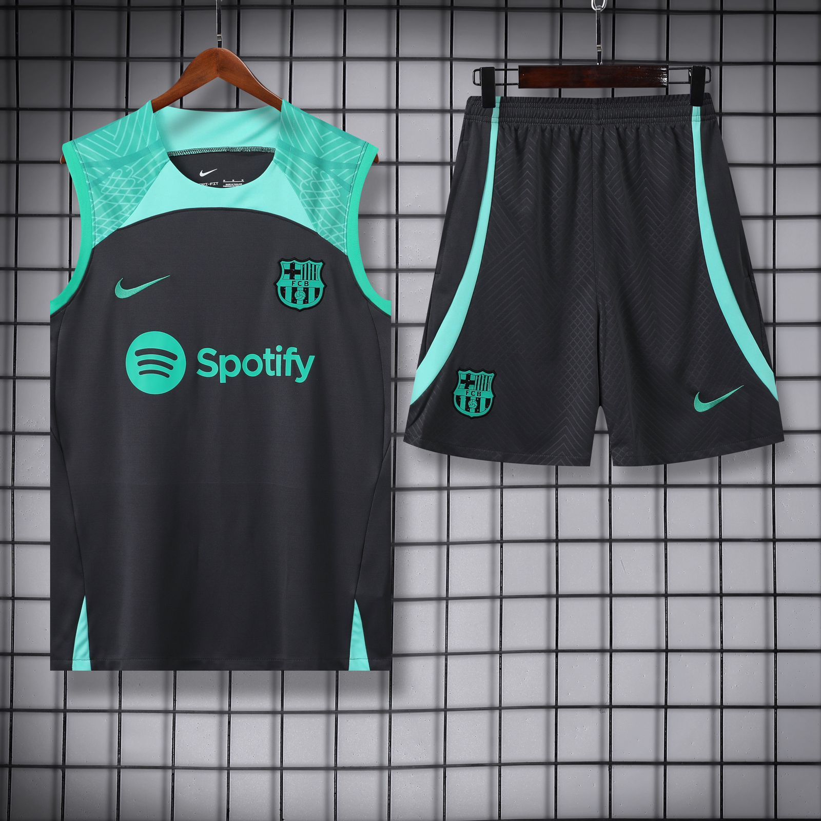 Barcelona Black & Green Sleeveless Jersey With Shorts 2024-S