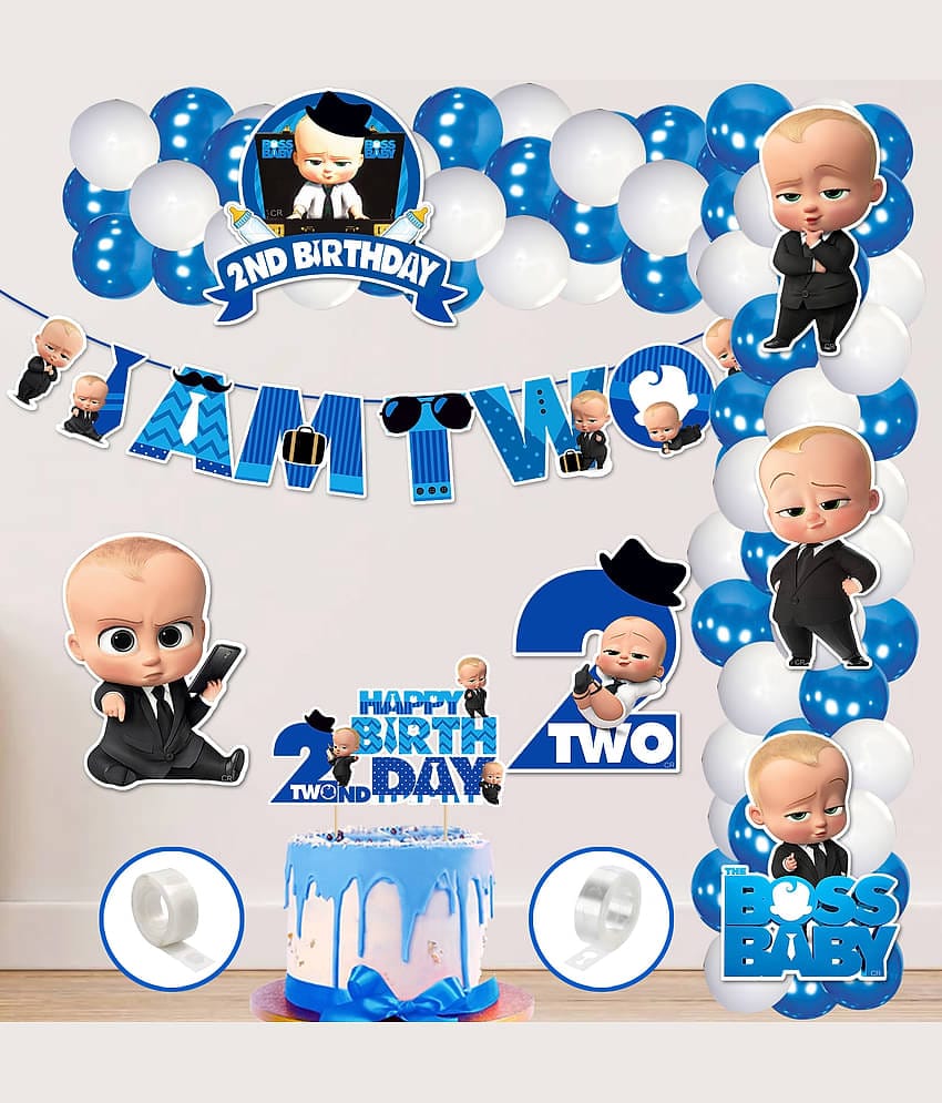 Zyozi 2nd Birthday Boss Baby Theme Balloon arc decoration,Boss Baby Theme Second Birthday for Boys with Happy Birthday Banner Cardstock Cake Toppers Balloons Birthday Decoration Kit (Pack of 60)