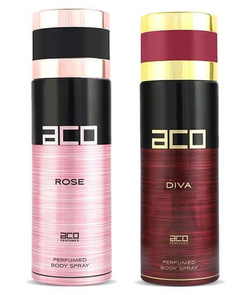 Aco Set of 2 Deodorant Body Spray, Diva & Rose For Women, 200ml Each - 200ml