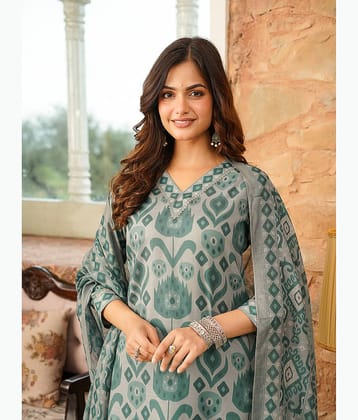 Vaamsi Women Cotton Blend Printed Straight Kurti With Pants ( Grey )