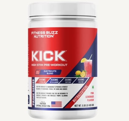Fitness Buzz Nutrition I Prime Series I Kick High I Stim Pre-Workout I With Added Electrolyte Blend I 3500mg L-Citrulline I 3500mg Beta-Alanine I 200mg Caffeine I 1000mg Creatine I Nutraceutical I Veg I Pink Lemonade 400 GM