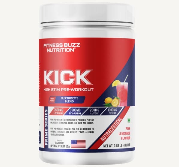 Fitness Buzz Nutrition I Prime Series I Kick High I Stim Pre-Workout I With Added Electrolyte Blend I 3500mg L-Citrulline I 3500mg Beta-Alanine I 200mg Caffeine I 1000mg Creatine I Nutraceutical I Veg I Pink Lemonade 400 GM