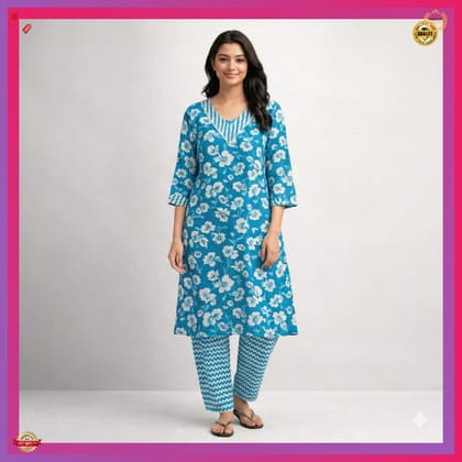 Women Blue Floral Printed Kurti Pant Set | Soft Cotton Blend | 3/4 Sleeve Casual & Office Wear Ethnic Set