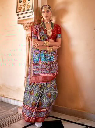 Grey Printed Patola Silk Saree