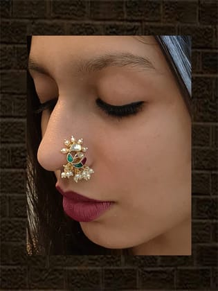 Pacchi Kundan peacock design multicoloured Nath with hanging beads
