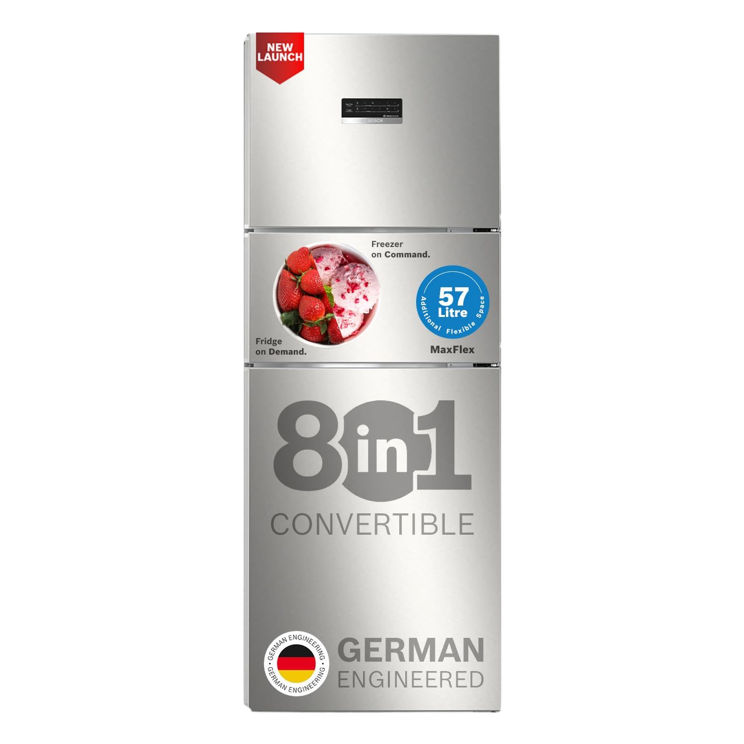 Bosch 302L, 3 Star, MaxFlex Convert Frost Free Triple Door Refrigerator | 8-in-1 Convertible Storage Modes | 57L Extra Convertible Zone | Cool Extend up to 18 hours (CMC33S03NI, Fine Steel) Bosch 302L, 3 Star, MaxFlex Convert Frost Free Triple Door Refri