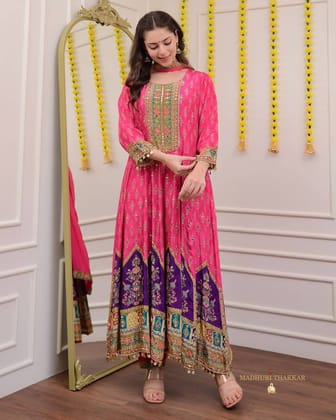 Pink Pure Crepe Handwork Festive Anarkali Suit-M