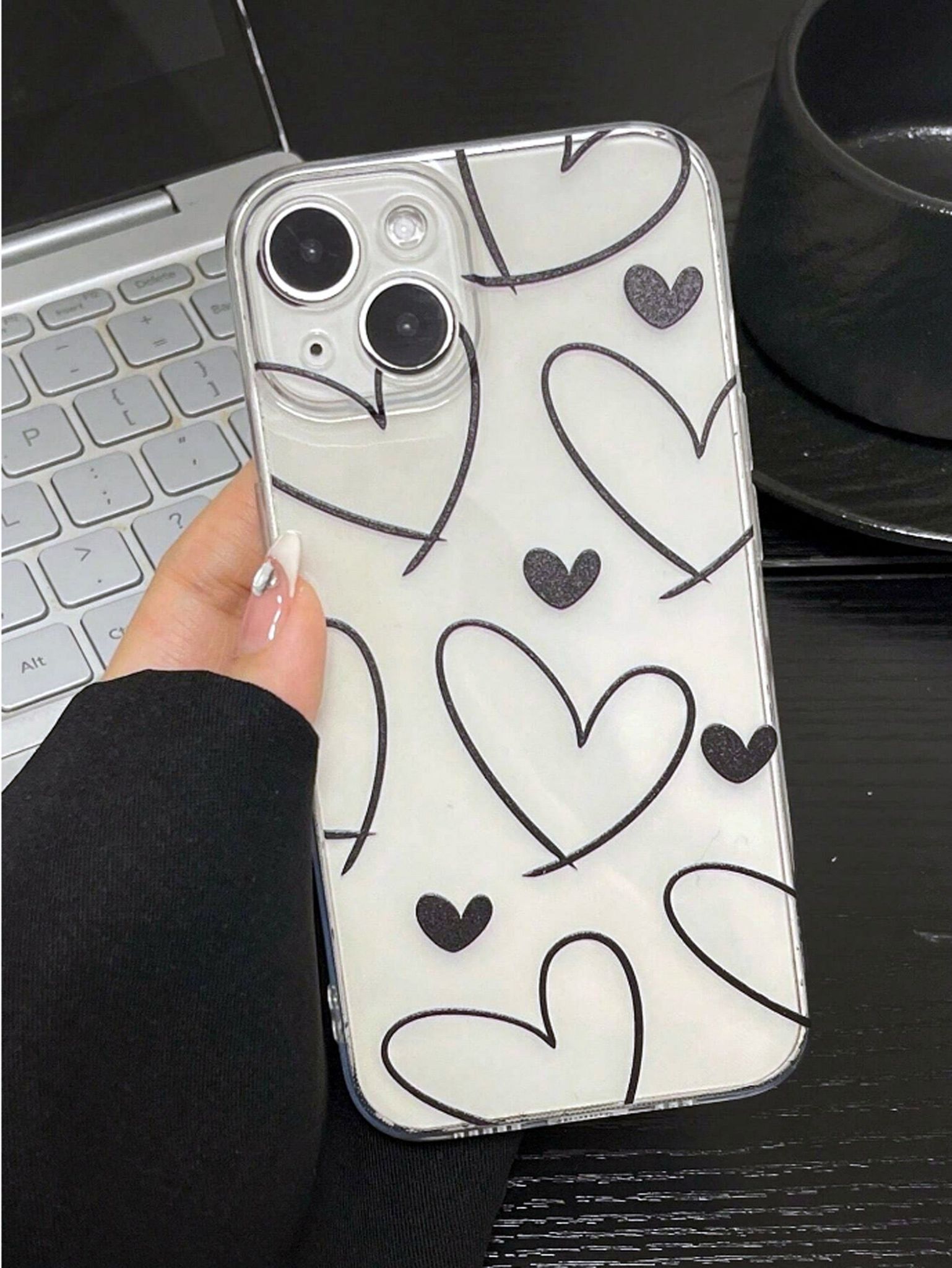 White Black Heart Transparent Custom Slim Soft Cases-Black