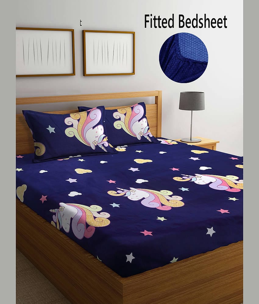 FABINALIV Poly Cotton Animal Fitted Fitted bedsheet with 2 Pillow Covers ( Double Bed ) - Dark Blue