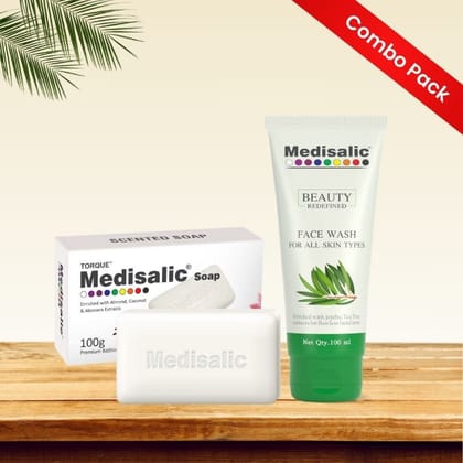 Medisalic Bathing Soap(100gm) + Medisalic Face Wash  with Jojoba and Tea Tree Extracts(100ml) – Combo Pack