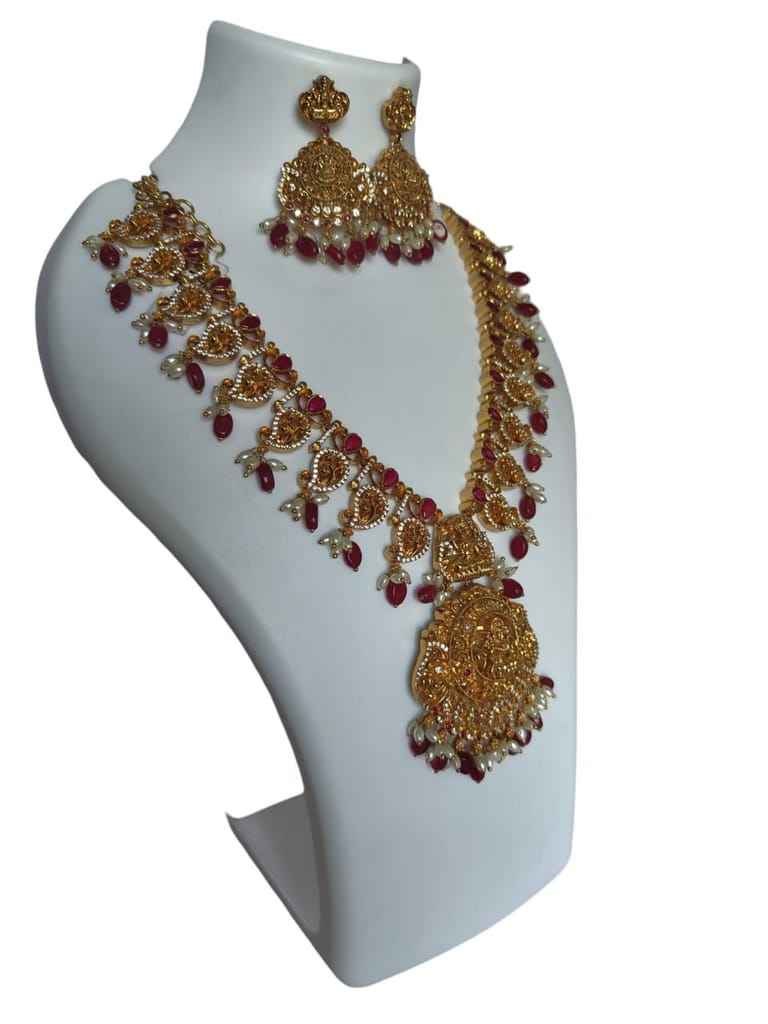 oxidized gold plated temple jewellery haram set with rubies and pearls