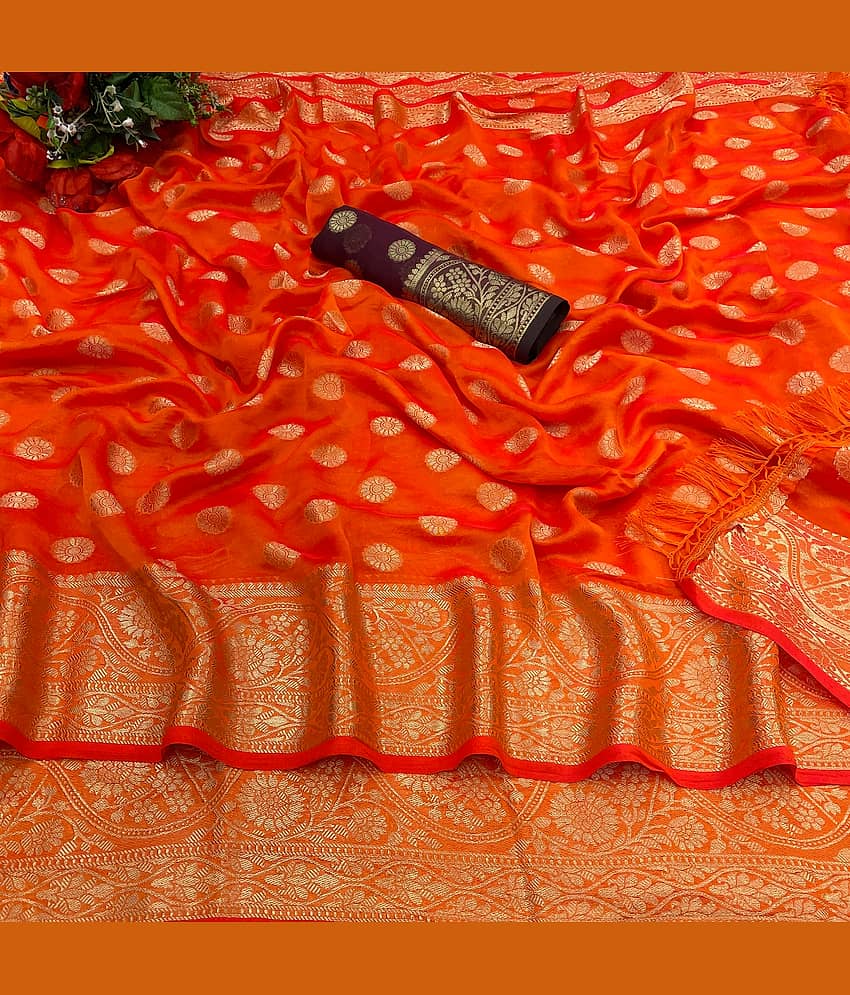 Shree Gullak Silk Jacquard Self Design Saree With Unstitched Blouse Piece ( Orange )