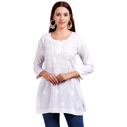 Elegant White Cotton Chikankari Kurti - Exquisite Hand-Embroidered Traditional Wear for All Occasions, Perfect for Casual Outings and Daytime Gatherings