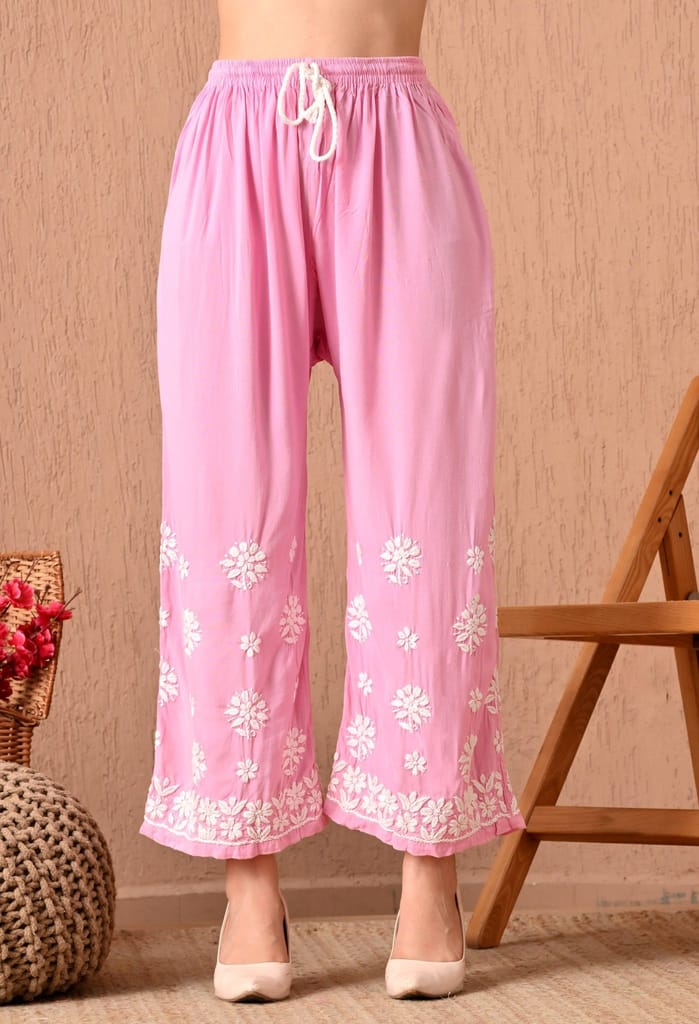 Hand Embroidered Chikankari Plazo Set 3d Work- Pink