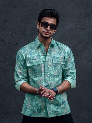 Floral Double Pocket Green Full Sleeve Shirt-S