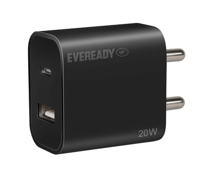 Eveready 20W USB Type C Fast Charger with Dual Device Charging Compatibility,Compact & Travel-Friendly Design,Complete Protection Against Overvoltage & Overload at Output,Universal Compatibility,Black