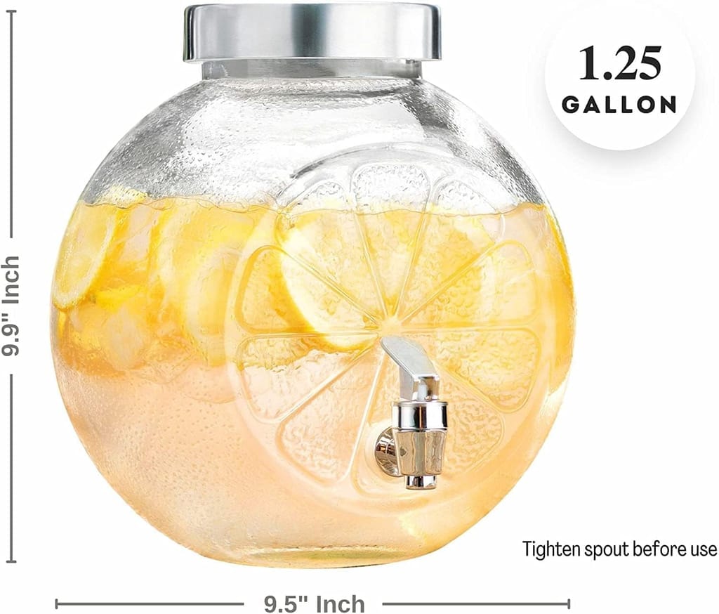 Round Glass Water & Juice Tank | 5000 ML | Dispenser with lid and Tap | Glass Pitcher for Beer, Cocktails, Juice, Cold Drinks and Detox Water | Set of 1